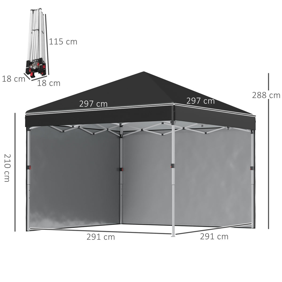 Folding pavilion 2.97 x 2.97 m with UV protection and side walls, party tent with sandbag, pop-up tent for terrace made of steel in black