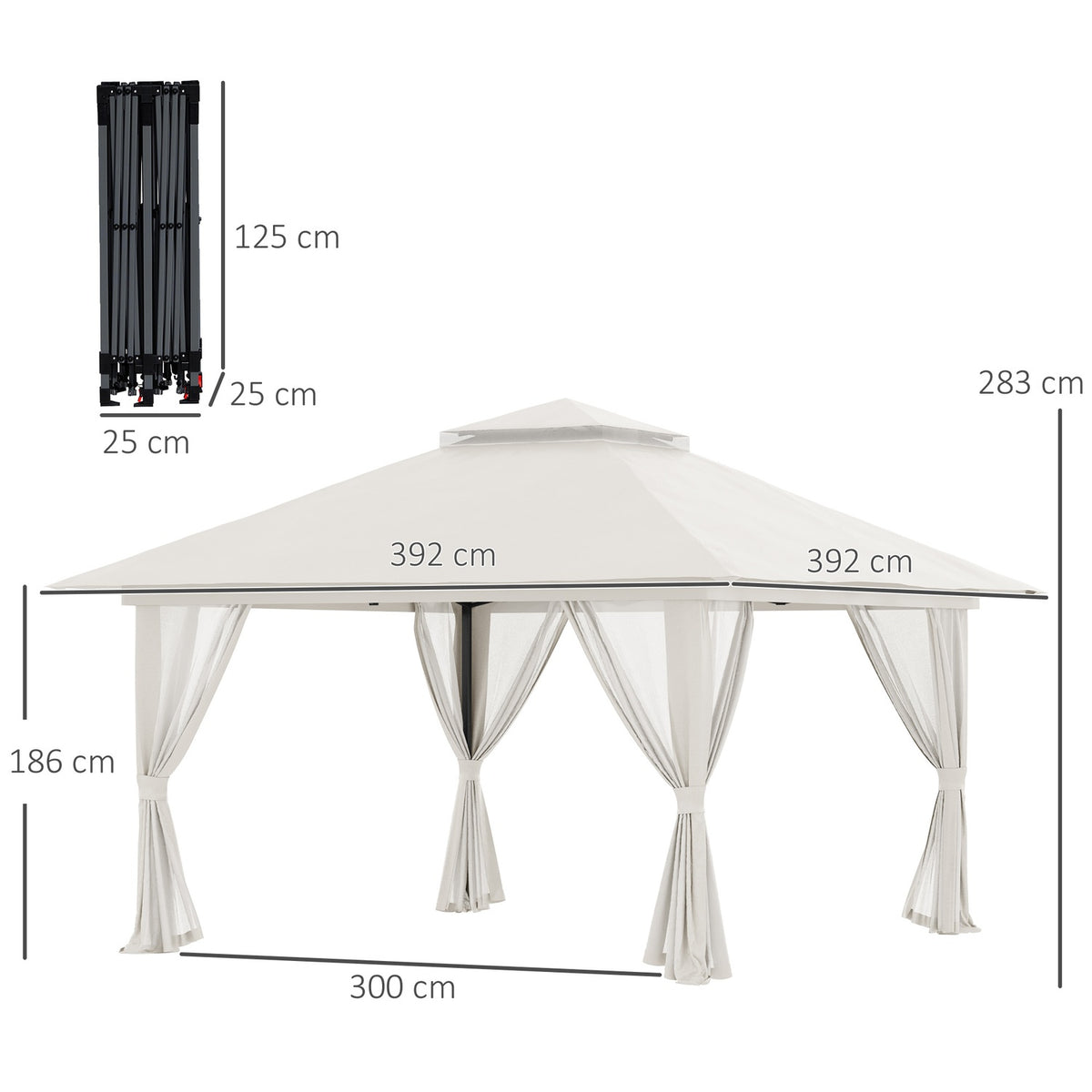 Folding pavilion 4x4 m with 4 net curtains, height adjustable, UV protection, double roof, carrying bag, cream white for garden & events