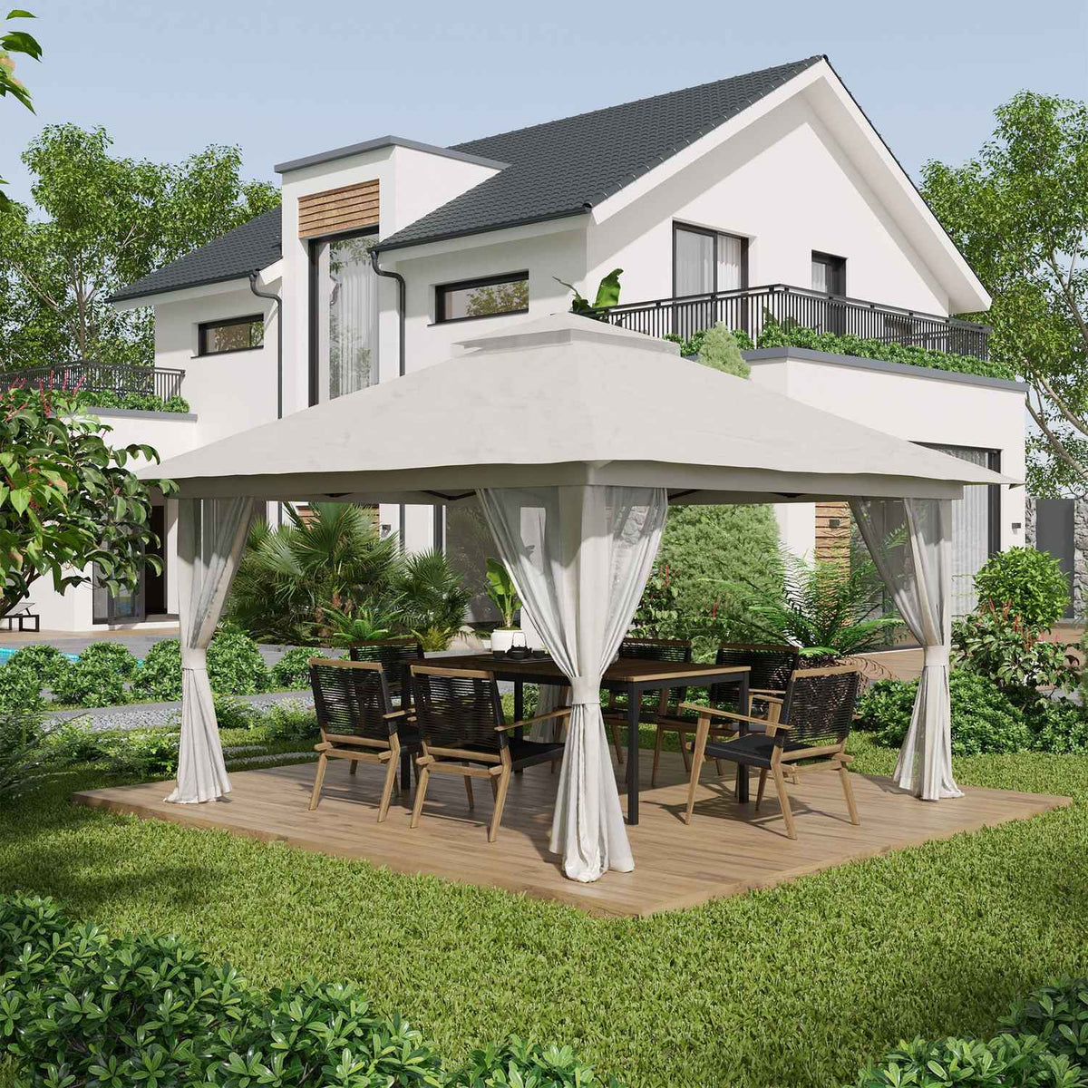 Folding pavilion 4x4 m with 4 net curtains, height adjustable, UV protection, double roof, carrying bag, cream white for garden & events