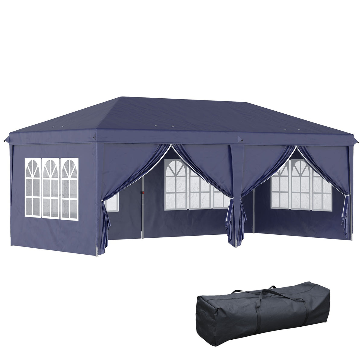 Folding pavilion 5.85x2.95m with UV protection, side walls & windows, zipper doors, sturdy steel, blue for garden & events