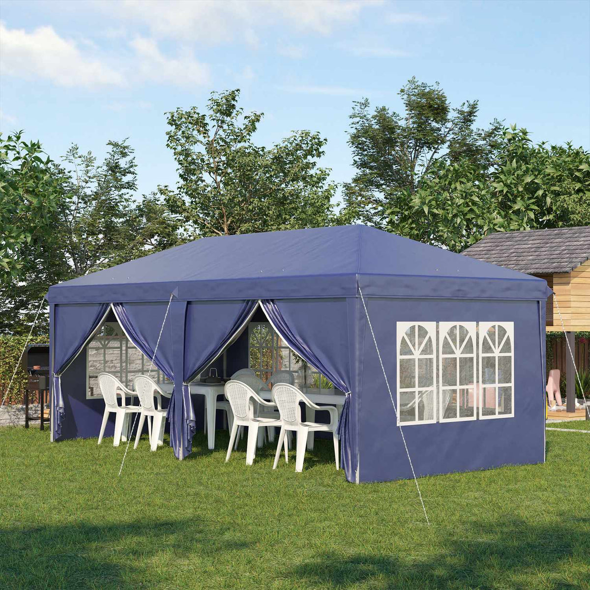 Folding pavilion 5.85x2.95m with UV protection, side walls & windows, zipper doors, sturdy steel, blue for garden & events