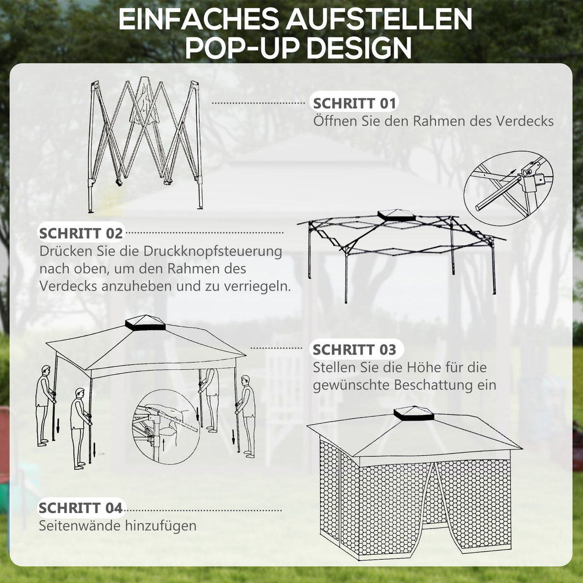Folding pavilion garden tent with side walls pop-up tent 3.25 x 3.25 x 2.65 m in light gray for garden parties & events