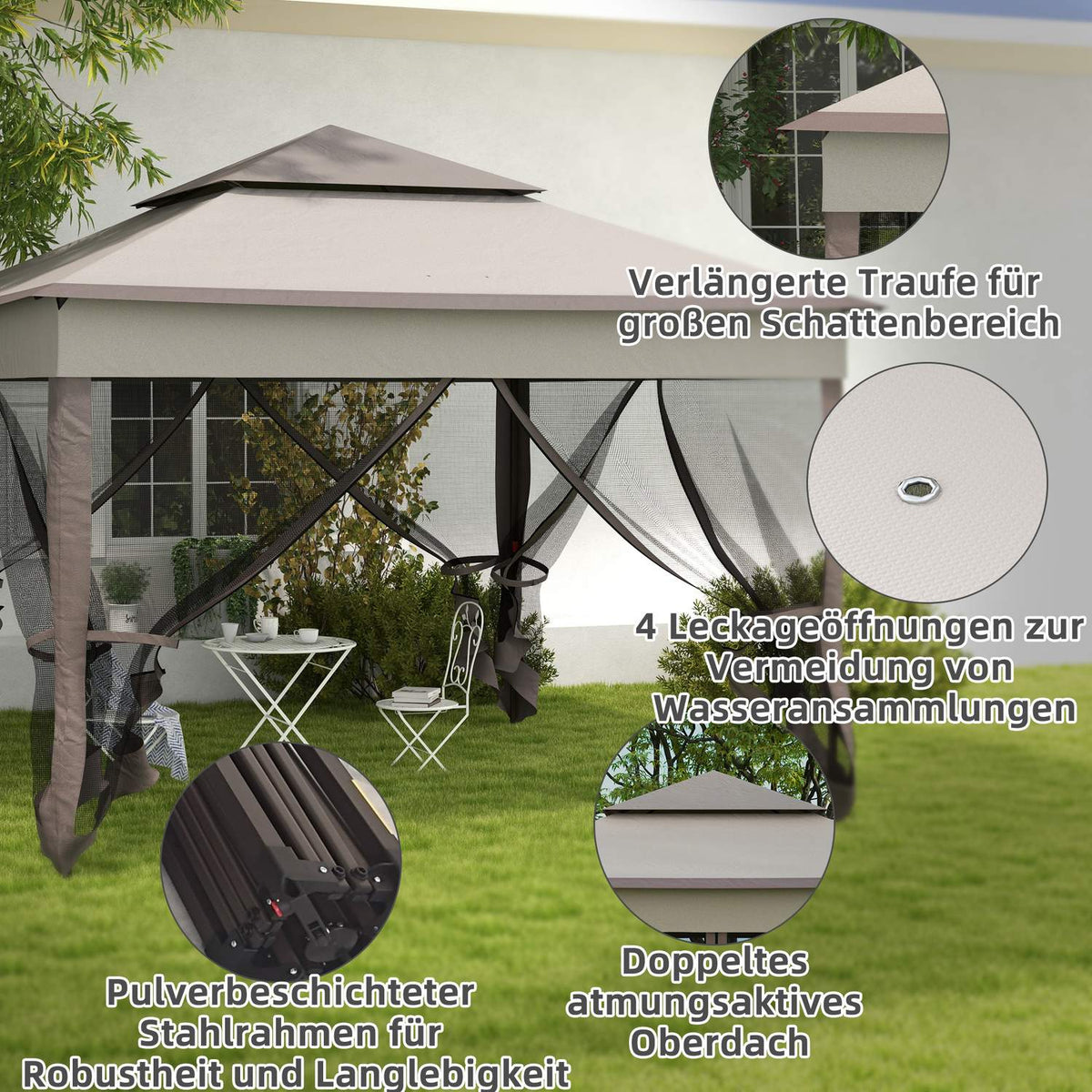 Folding pavilion garden tent with side walls pop-up tent 3.25 x 3.25 x 2.65 m in light gray for garden parties & events