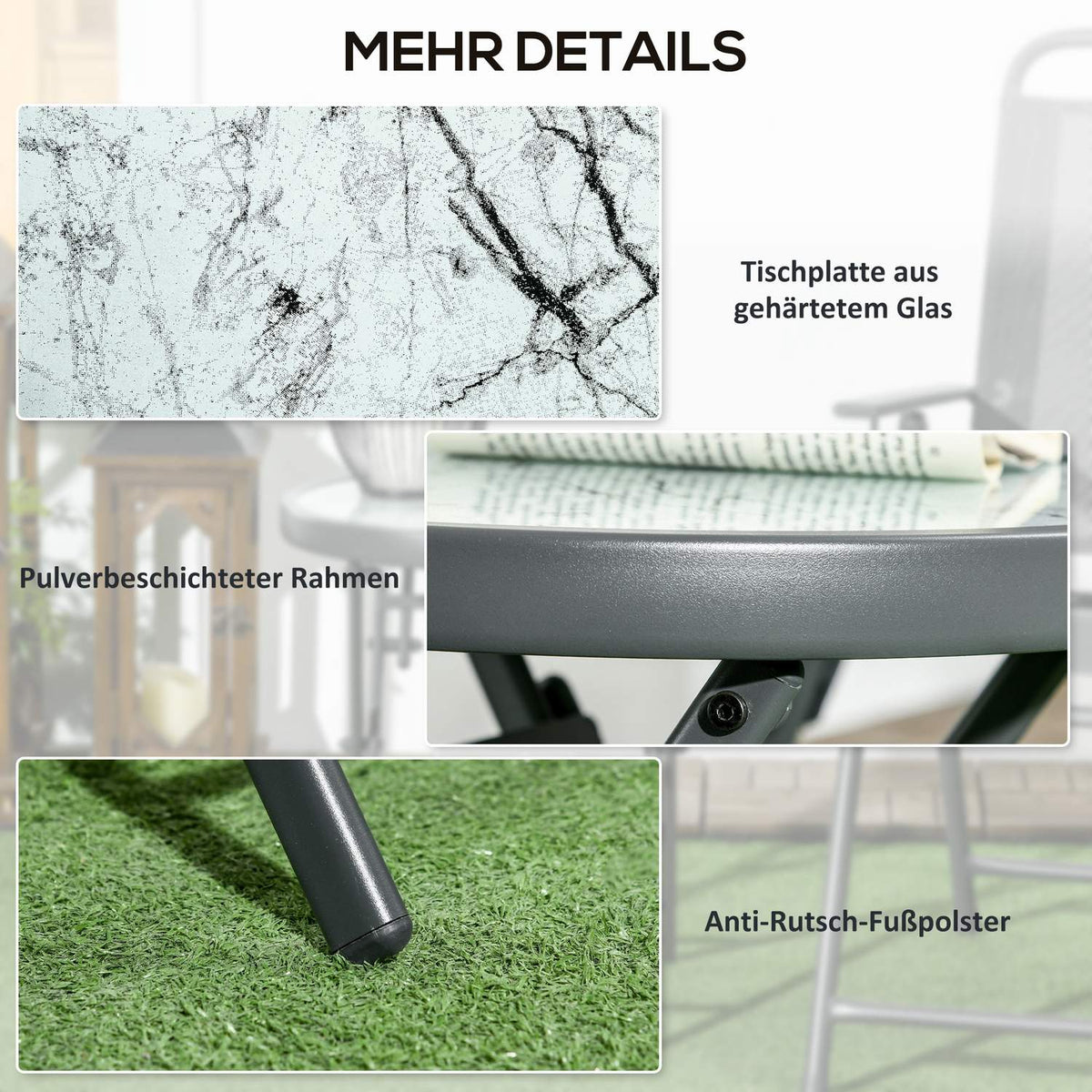 Folding side table, folding table made of glass with marble look, small camping table, round sofa table, balcony table for balcony, terrace, living room, office, 45 x 45 x 50 cm, white
