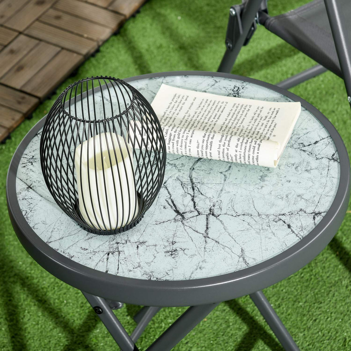 Folding side table, folding table made of glass with marble look, small camping table, round sofa table, balcony table for balcony, terrace, living room, office, 45 x 45 x 50 cm, white