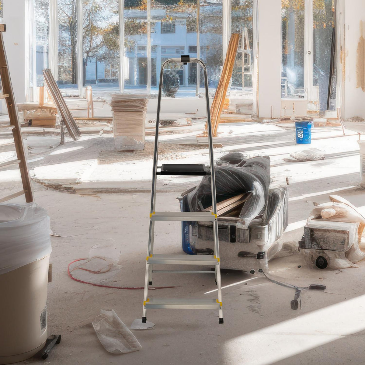 Folding stepladder with support handle