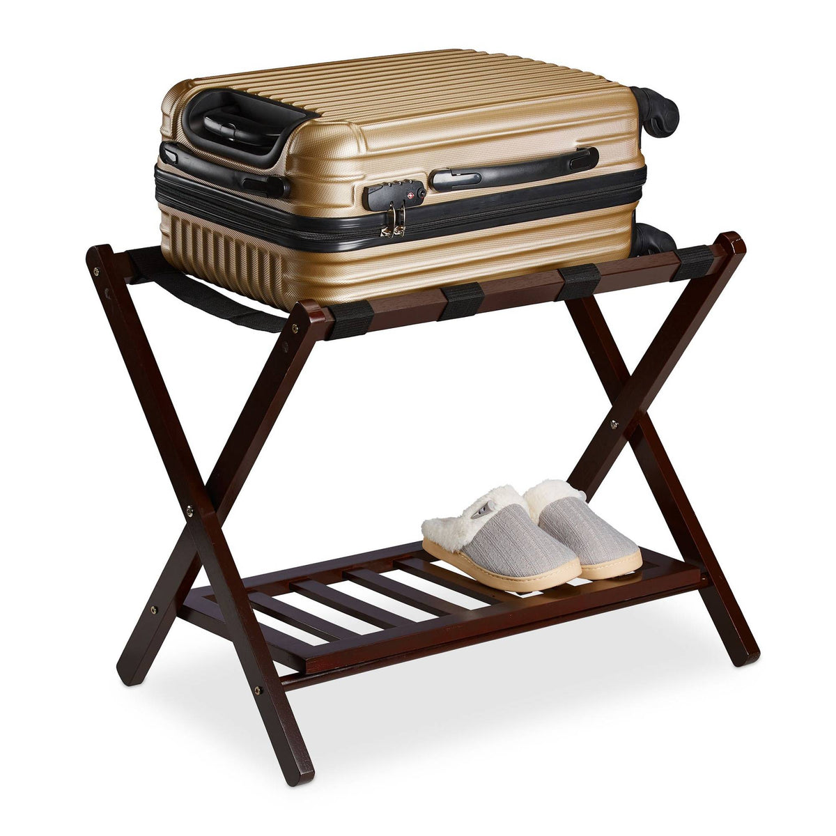 Folding wooden luggage rack with 2 shelves