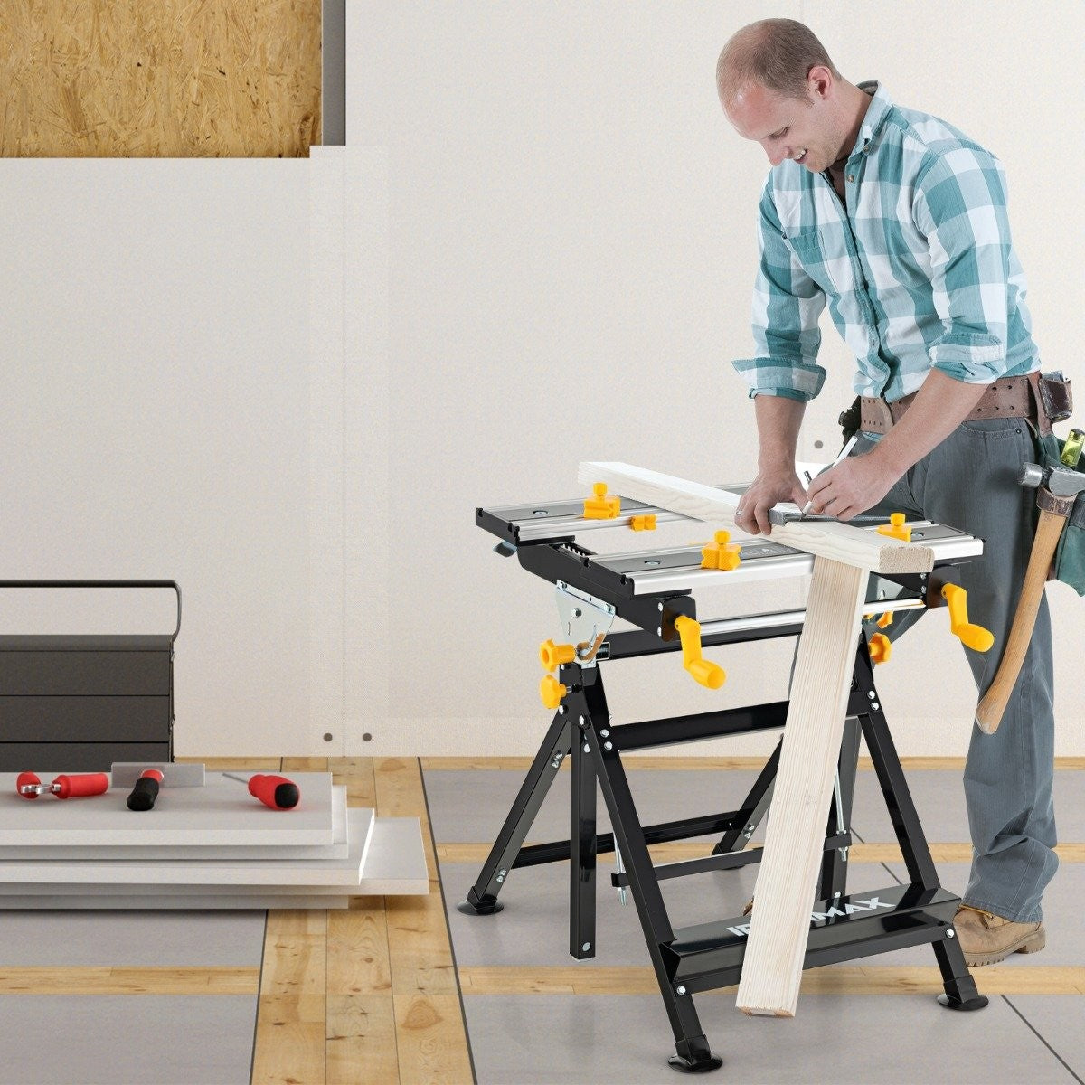 Folding work table with 8 movable clamps & 7 levels of height 100 kg load capacity