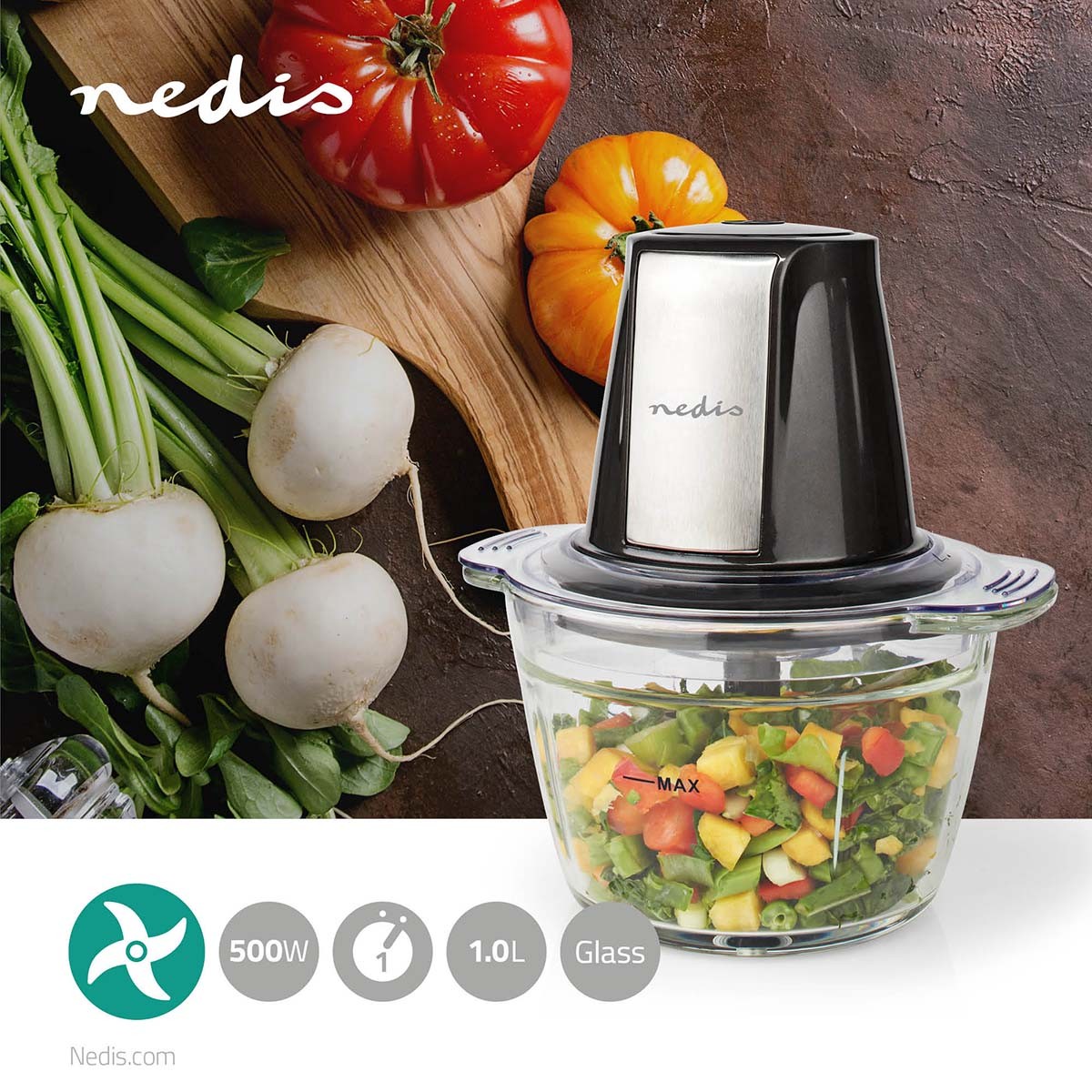 Food Chopper | 500 W | 1 l | Glass | 1 speed setting | Silver / Black