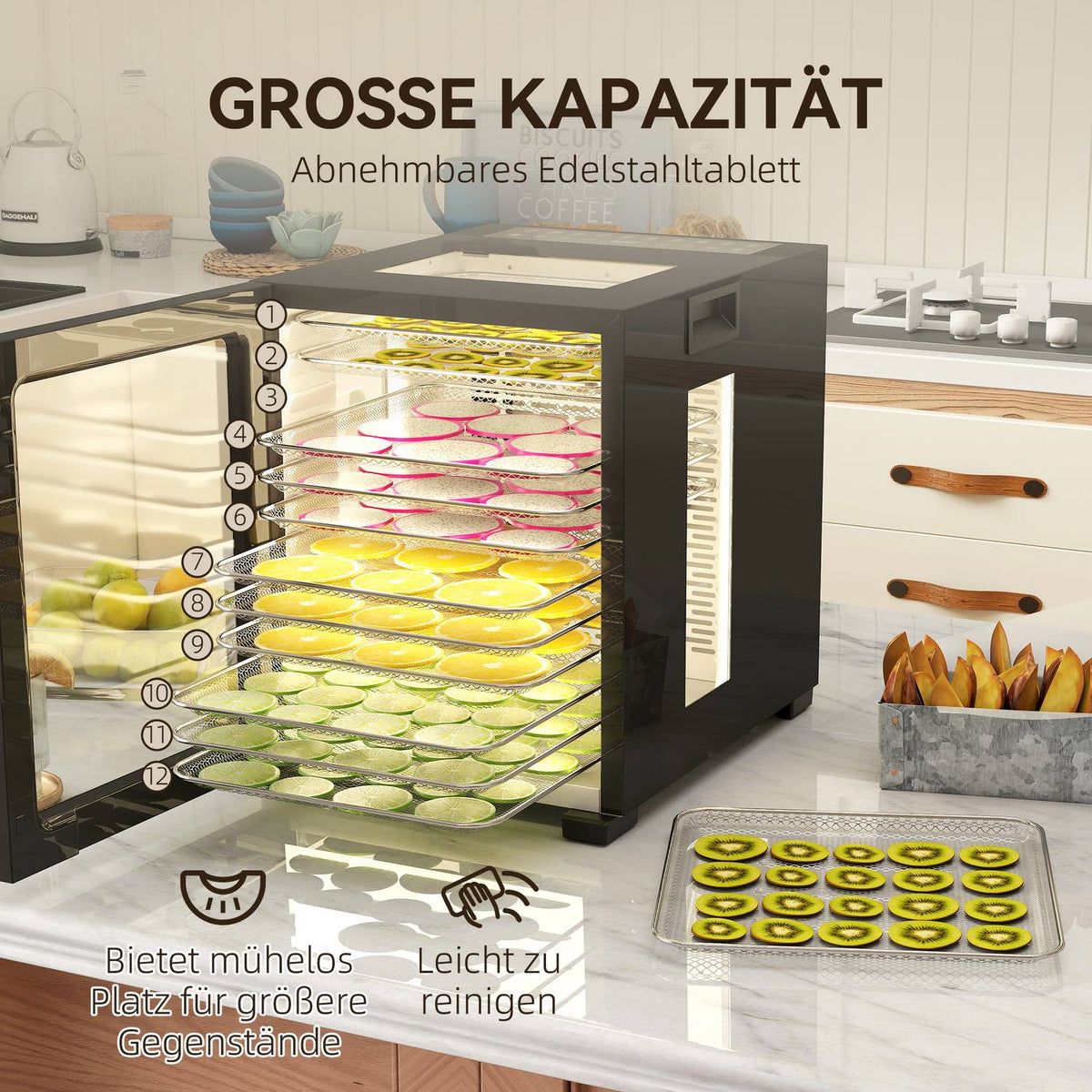 Food Dehydrator, 850W, 12 Stainless Steel Trays, Timer