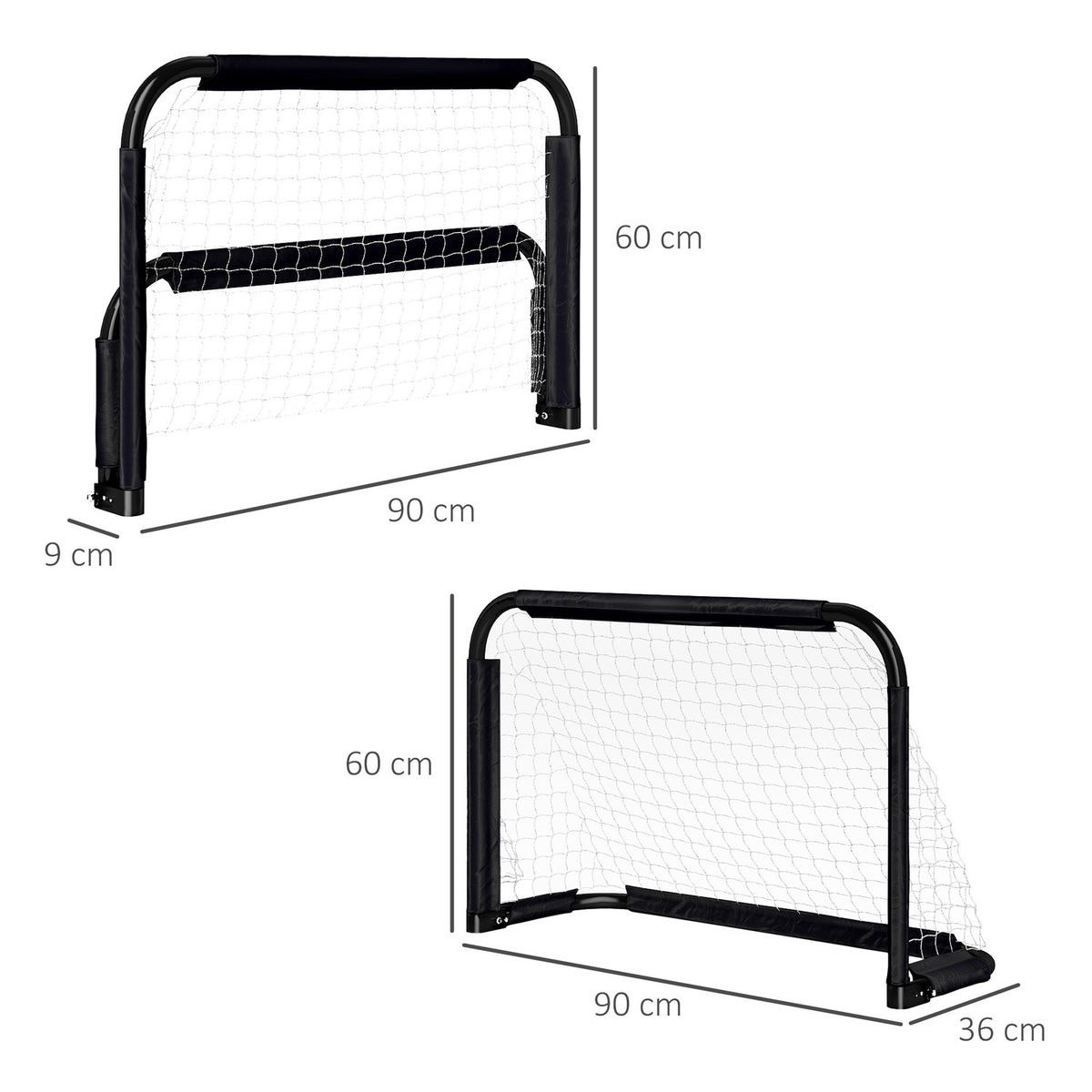 Football Goal Set of 2 Folding Football Goals with Metal Frame for Children and Adults, Garden, 90 x 36 x 60 cm, Black