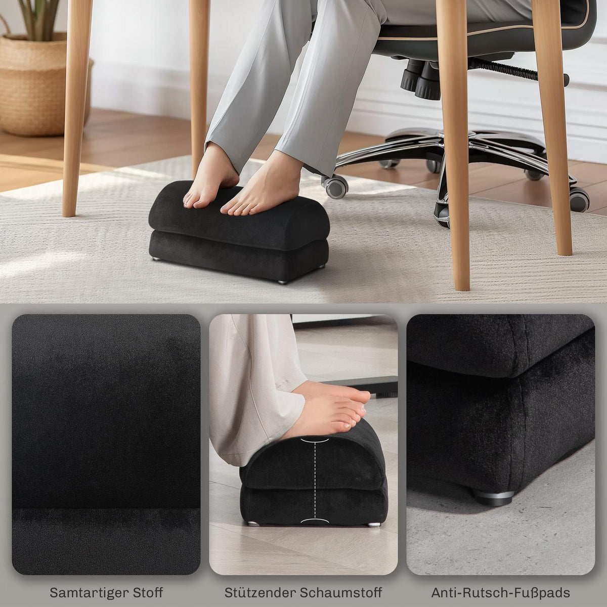 Footrest desk footrest with anti-slip padding, velvet look, for home office, office, black