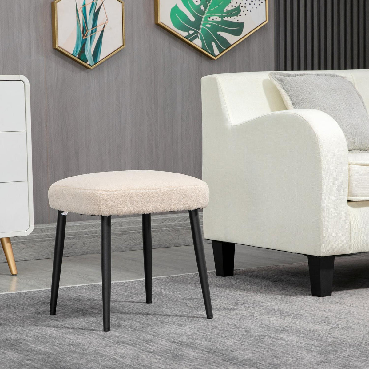 Footstool Square Cashmere Look Dressing Stool With Steel Legs For Living Room/Bedroom, Beige, 42X42X47Cm