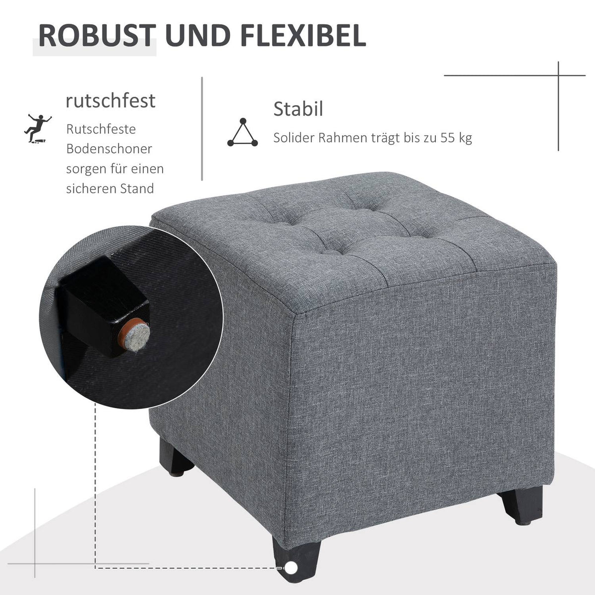 Footstool, Square Stool, Linen Look Ottoman, Wooden Legs, Footrest, Gray, 35 x 35 x 35 cm
