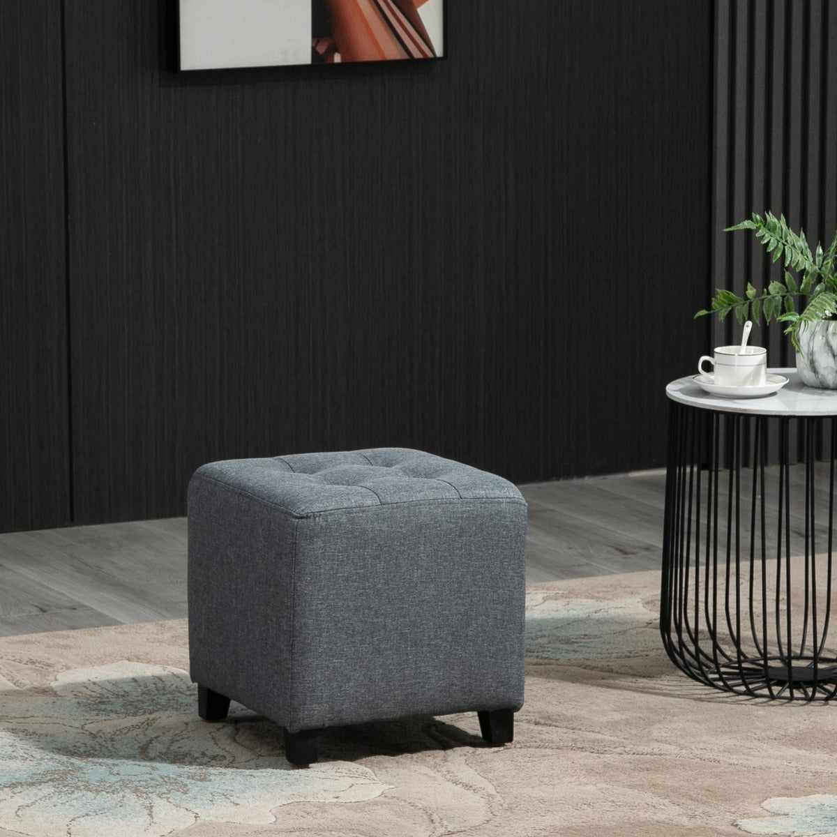 Footstool, Square Stool, Linen Look Ottoman, Wooden Legs, Footrest, Gray, 35 x 35 x 35 cm