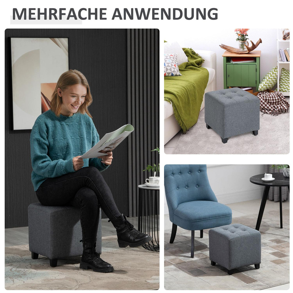 Footstool, Square Stool, Linen Look Ottoman, Wooden Legs, Footrest, Gray, 35 x 35 x 35 cm
