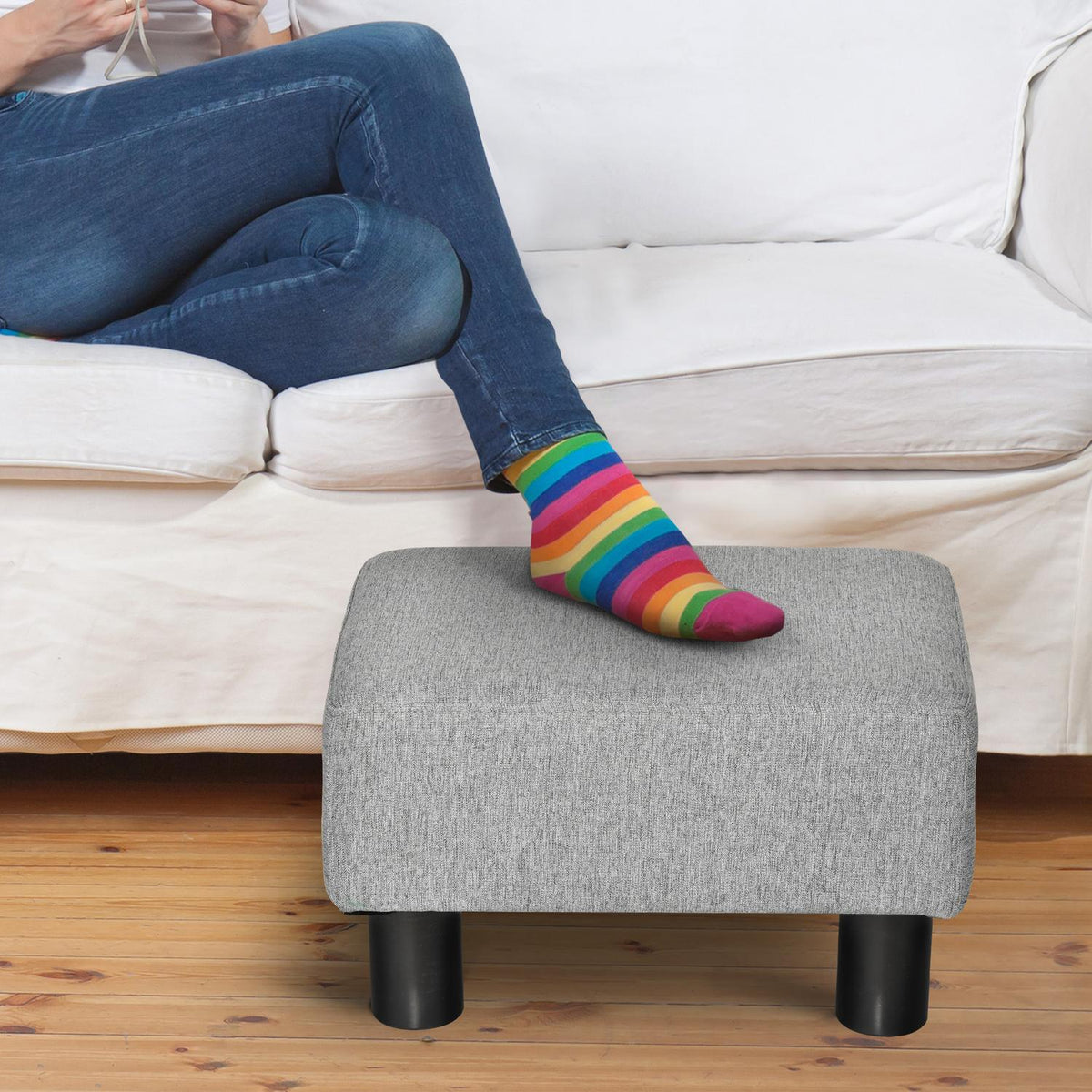 Footstool, Stool, Rectangular Ottoman, Footrest Made Of Linen, Upholstered Stool, Load Capacity Up To 150 Kg, For Living Room, Hallway, Grey