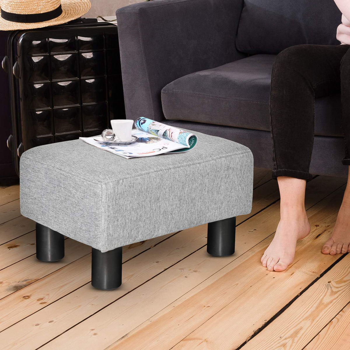 Footstool, Stool, Rectangular Ottoman, Footrest Made Of Linen, Upholstered Stool, Load Capacity Up To 150 Kg, For Living Room, Hallway, Grey