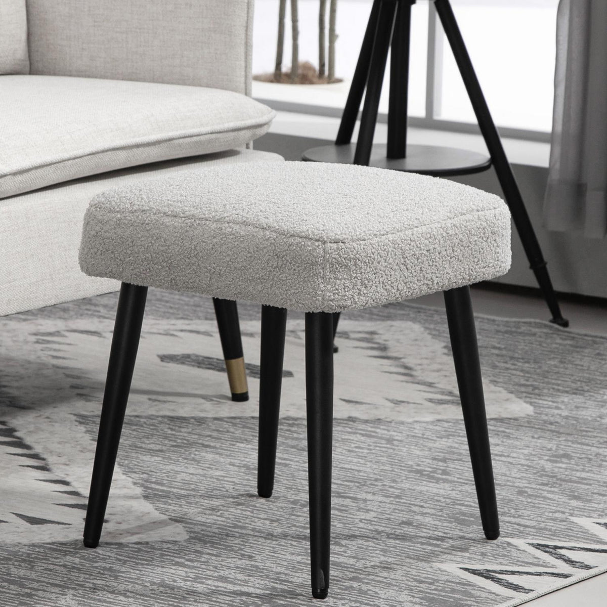 Footstool Stool Square Dressing Stool Footrest with Cashmere Look Steel Legs for Living Room Bedroom Light Gray