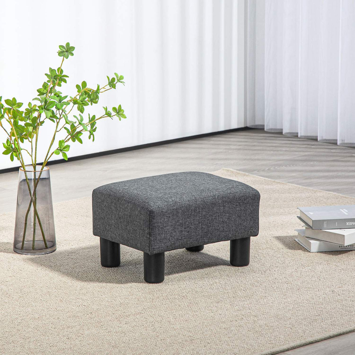 Footstool, seat stool with linen-like fabric cover, foam filling, plastic legs, for various rooms, grey
