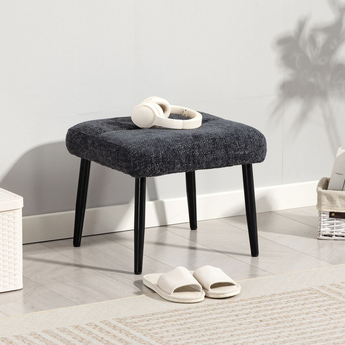 Footstool with Soft Cushion, Chenille Fabric, Steel Legs