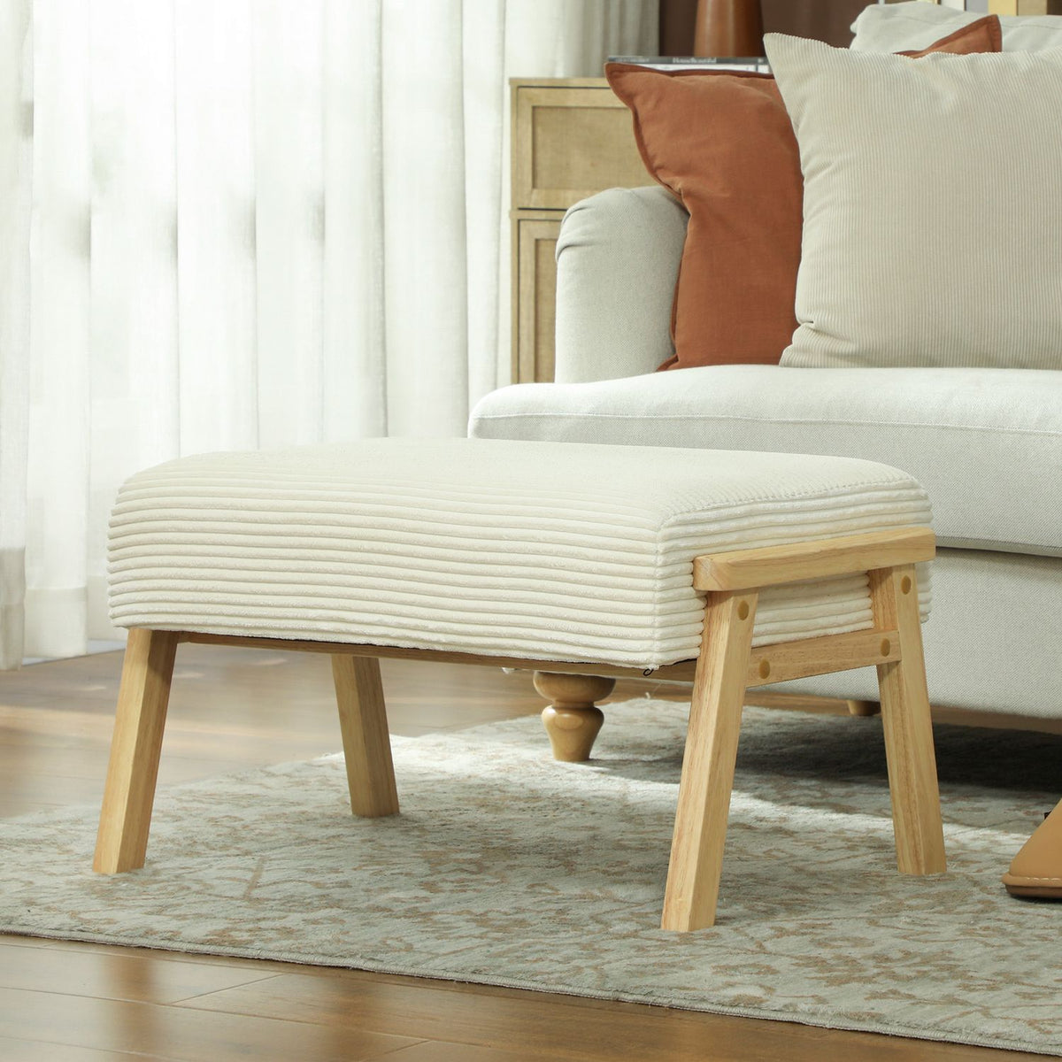 Footstool with Soft Cushion, Corduroy Look, Cream White