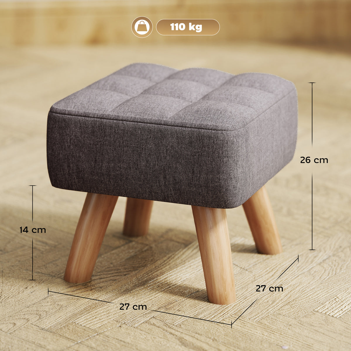 Footstool with upholstery, linen look, wooden legs, load capacity up to 110 kg, grey