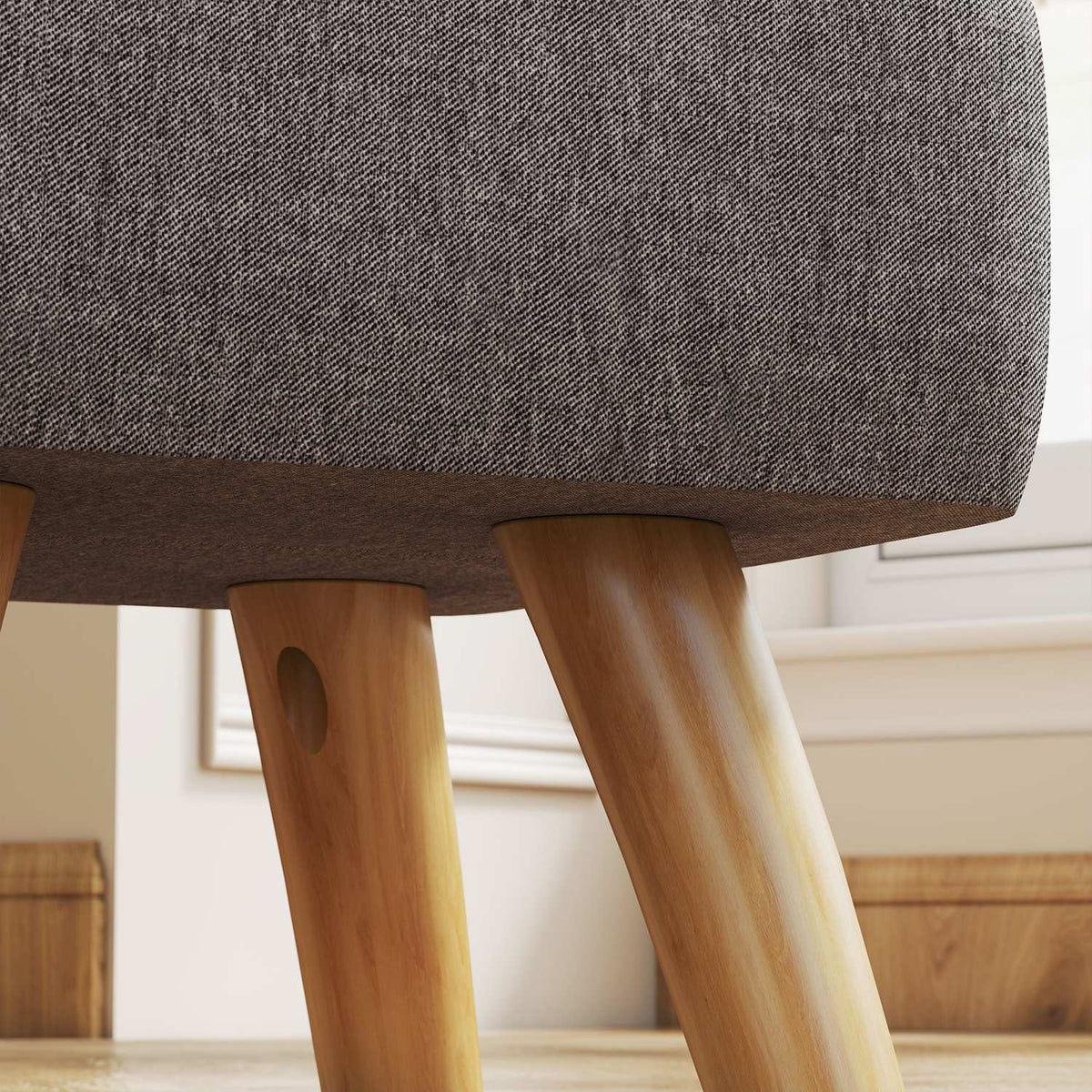 Footstool with upholstery, linen look, wooden legs, load capacity up to 110 kg, grey