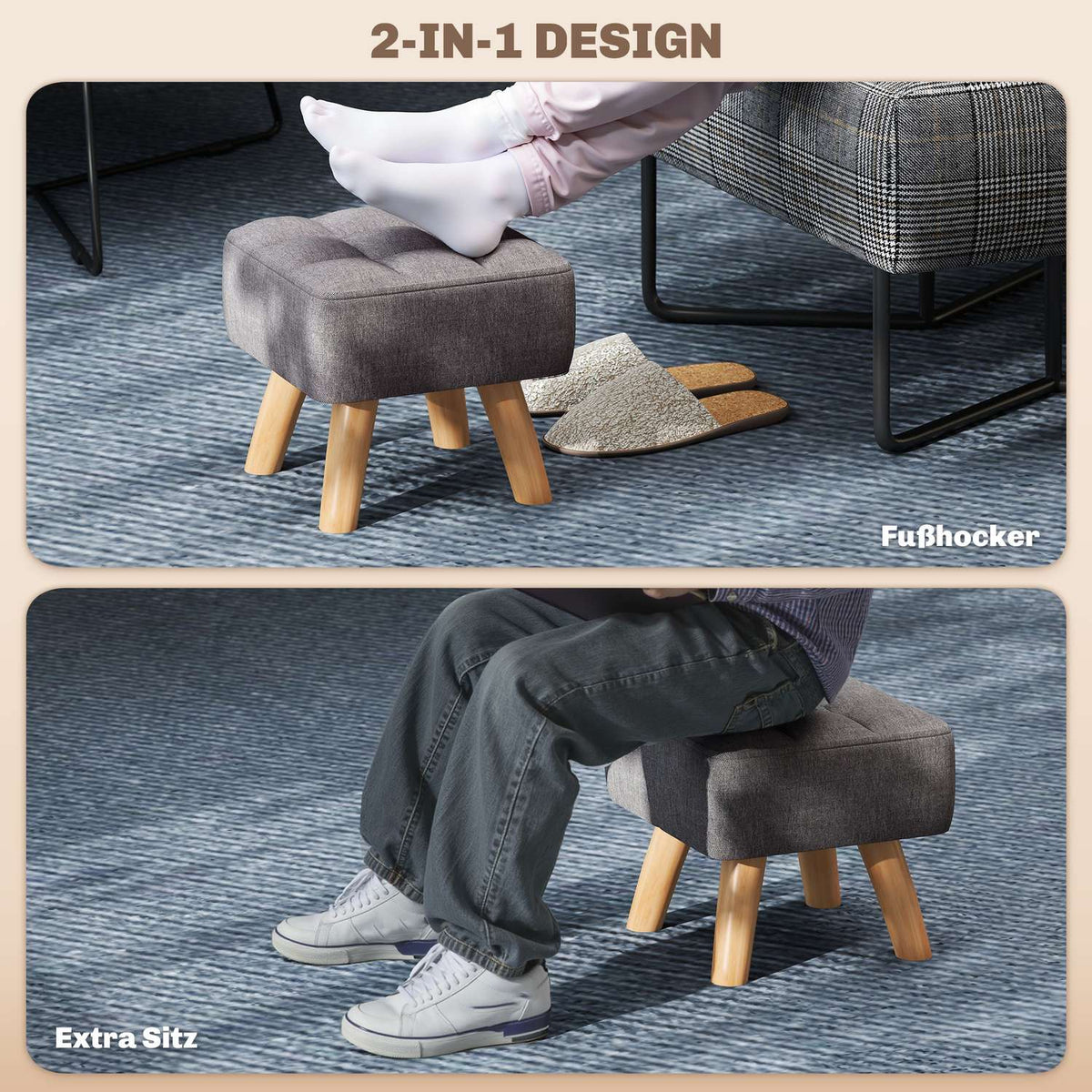 Footstool with upholstery, linen look, wooden legs, load capacity up to 110 kg, grey