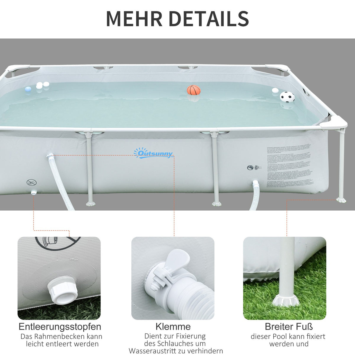 Frame Pool With Hose, Wire, Drain Valve, 1000D Pvc, Steel, Gray, 252X152X65Cm