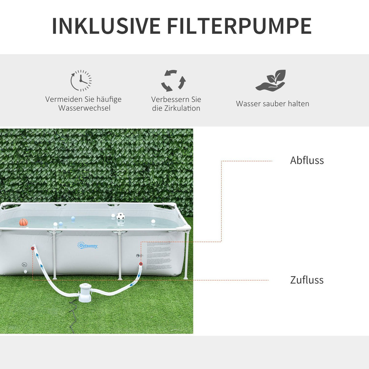Frame Pool With Hose, Wire, Drain Valve, 1000D Pvc, Steel, Gray, 252X152X65Cm