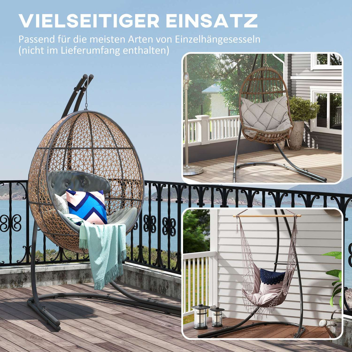 Frame for hanging chair in C-shape metal stand with base for hanging seat hanging chair, hanging swing hammock frame up to 150kg, hanging chair frame for indoor outdoor balcony, terrace black