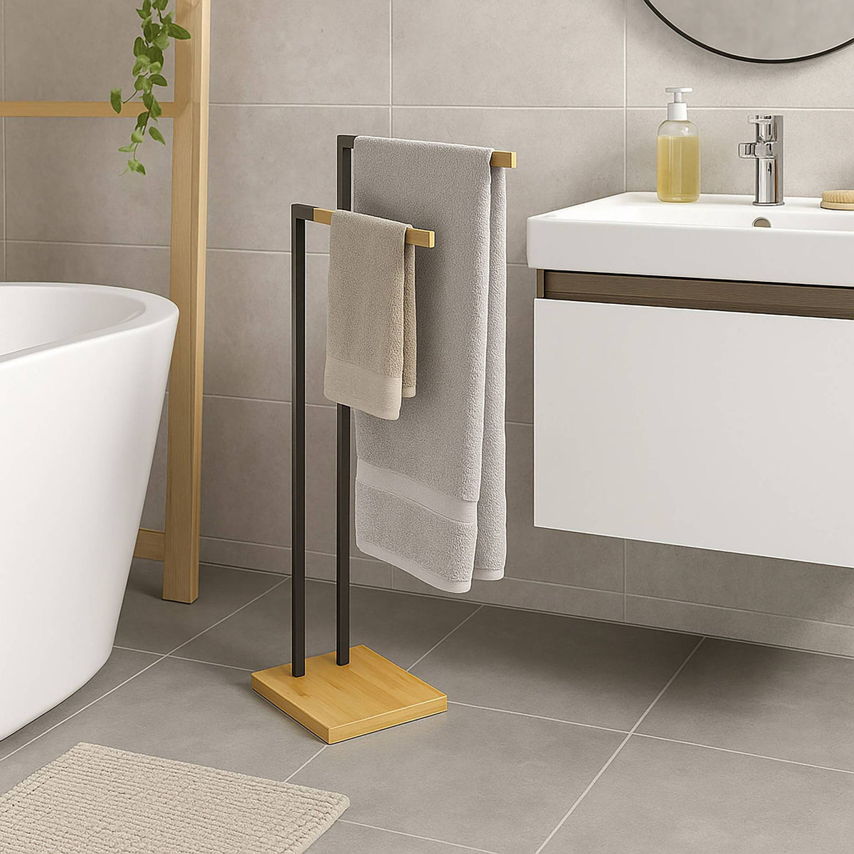 Freestanding Bamboo Metal Towel Rack – 2 Rods