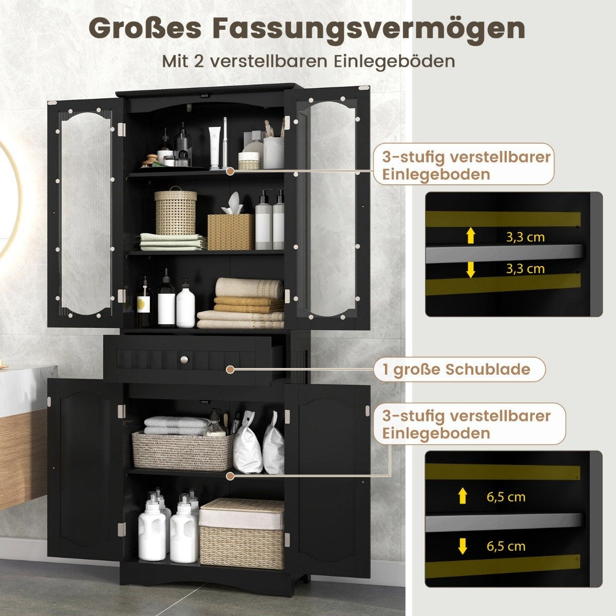 Freestanding Bathroom Cabinet, Black, 4 Doors & Drawer, 160cm