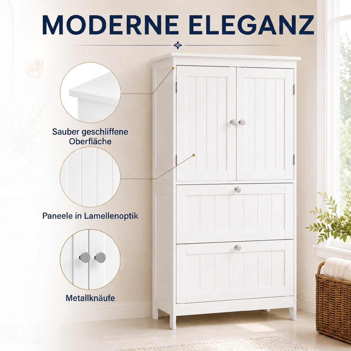 Freestanding Bathroom Cabinet, White, 2 Drawers, Adjustable Shelf