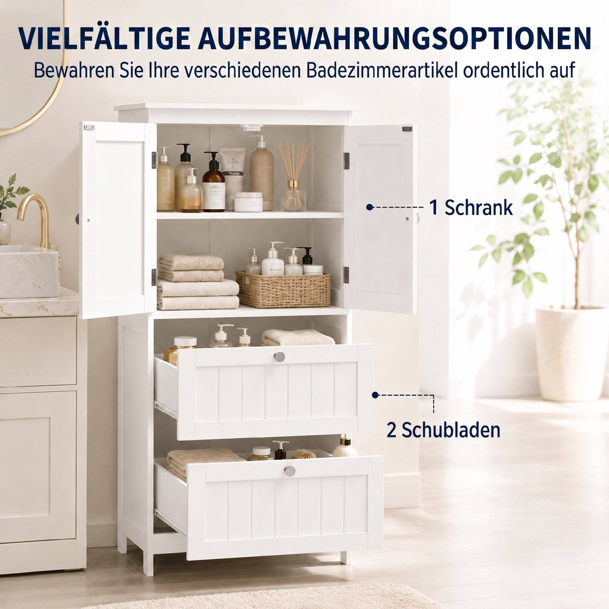Freestanding Bathroom Cabinet, White, 2 Drawers, Adjustable Shelf
