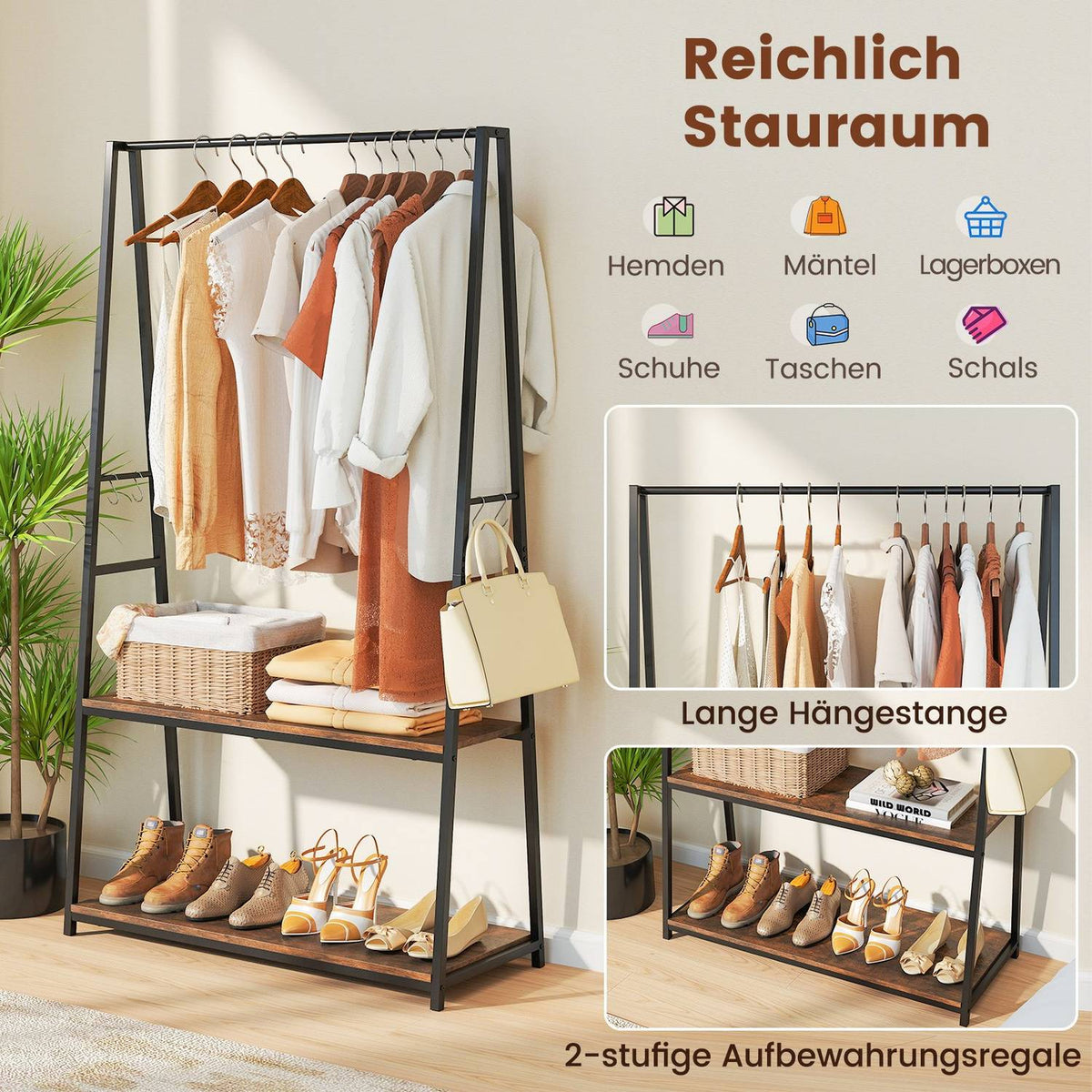 Freestanding Clothes Rack with Shelves & Sturdy Rod