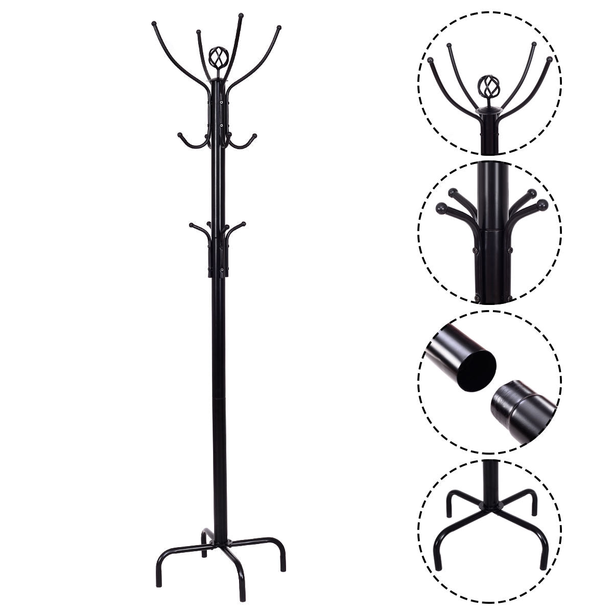 Freestanding Coat Rack, 12 Hooks, Steel Frame, 200 cm