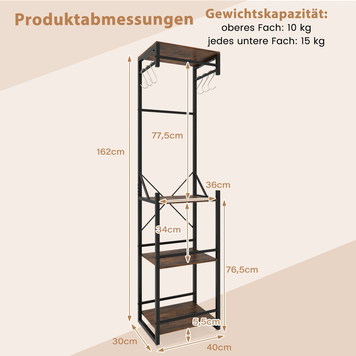 Freestanding Coat Rack with Shelves and Hooks, Brown