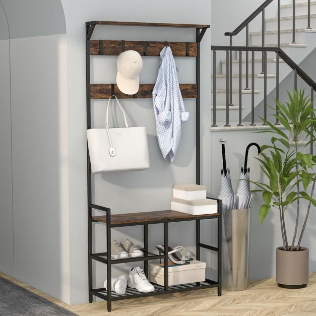 Freestanding Hall Tree with Shoe Bench, 9 Removable Hooks