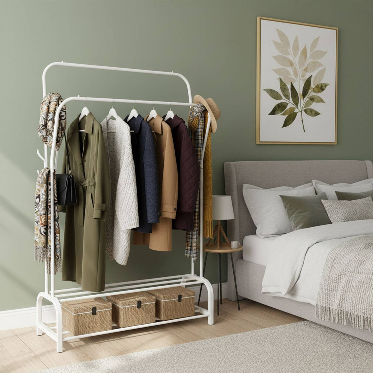 Freestanding Iron Clothes Rack with 2 Rails & Shelves
