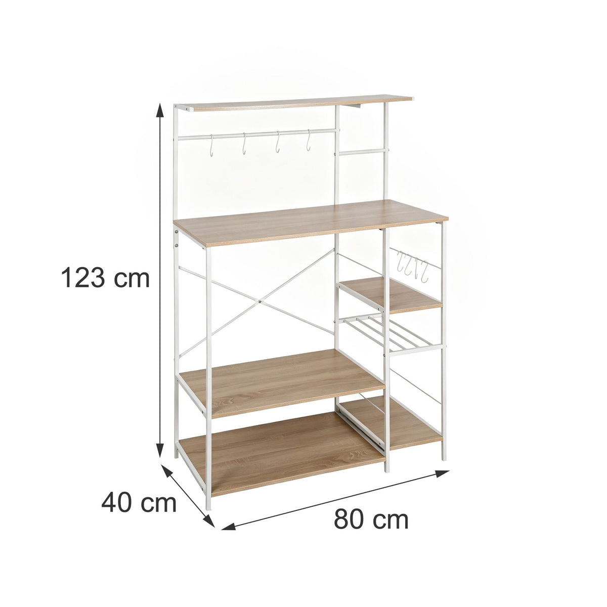 Freestanding Kitchen Rack, 7 Shelves, 8 Hooks, MDF/Metal