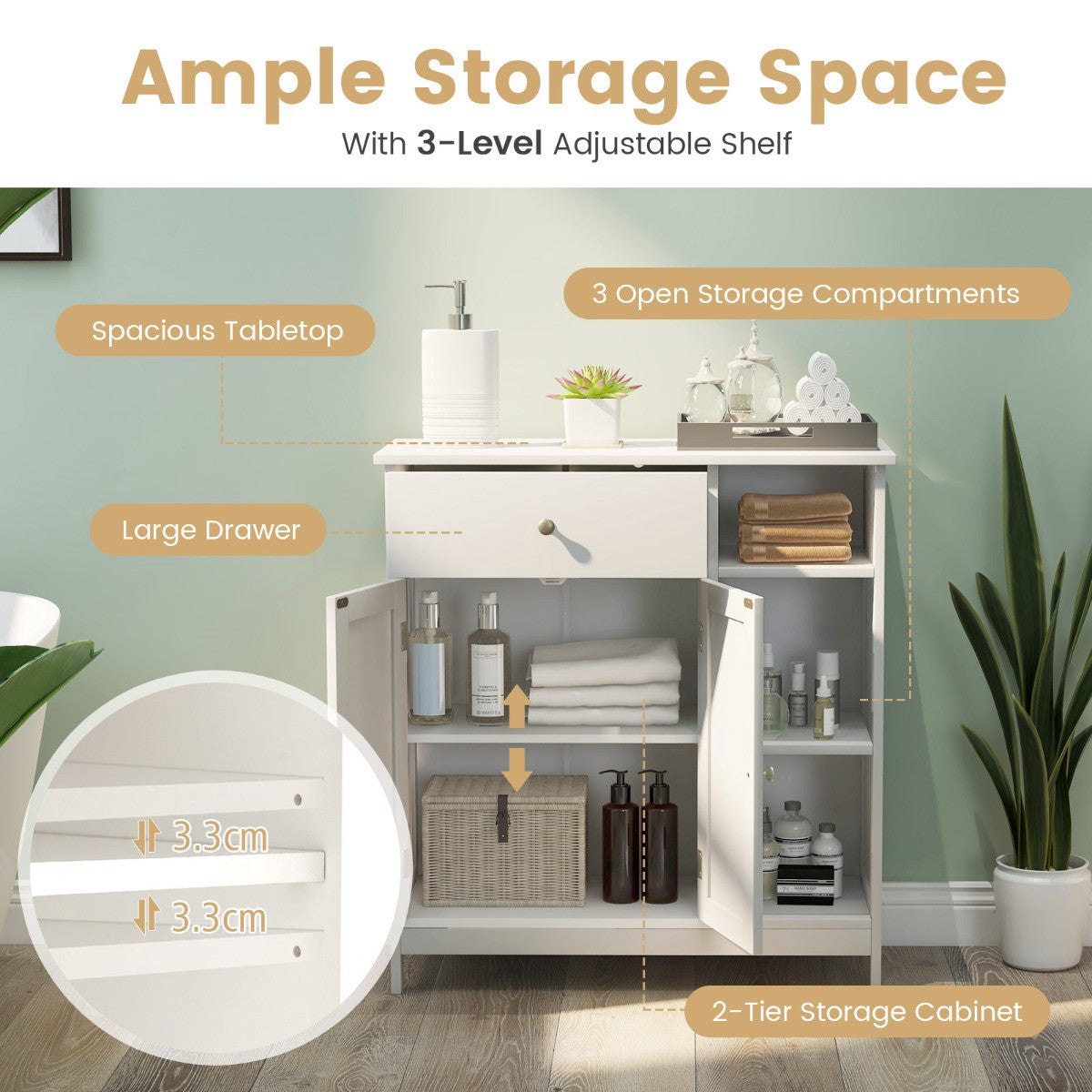 Freestanding Kitchen Storage Cabinet With Drawer, White