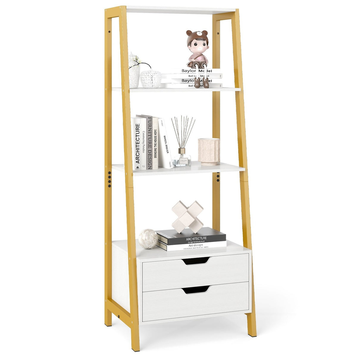 Freestanding Ladder Bookshelf, 134cm, 4 Shelves, 2 Drawers