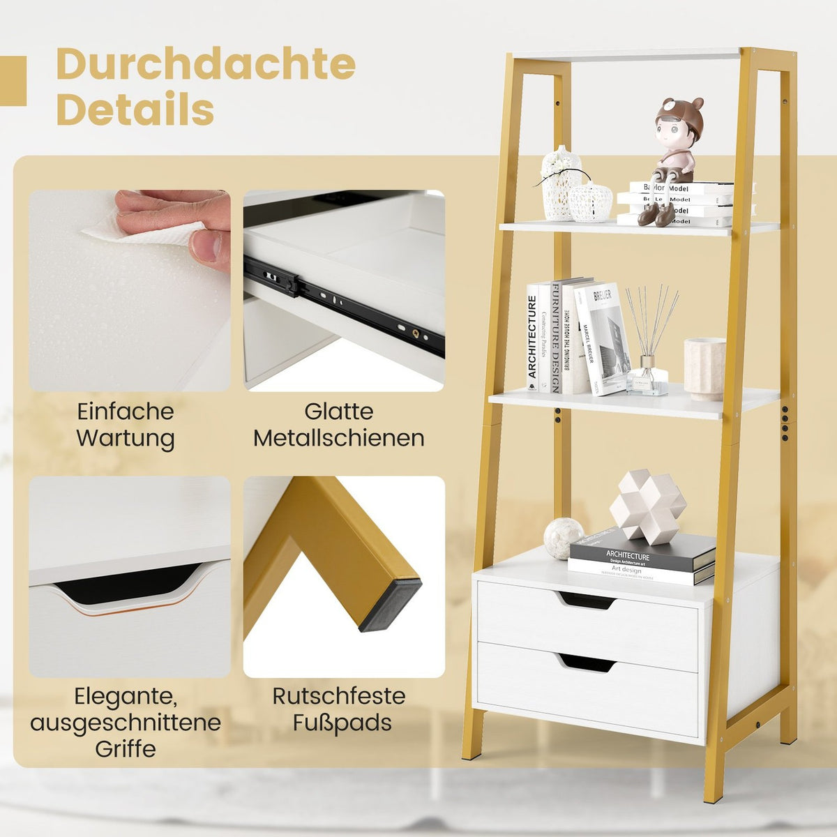 Freestanding Ladder Bookshelf, 134cm, 4 Shelves, 2 Drawers