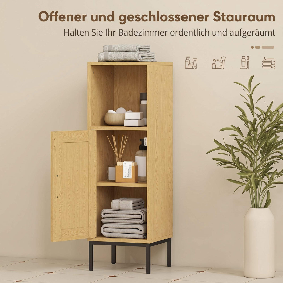 Freestanding Narrow Bathroom Cabinet, Adjustable Shelf, Natural