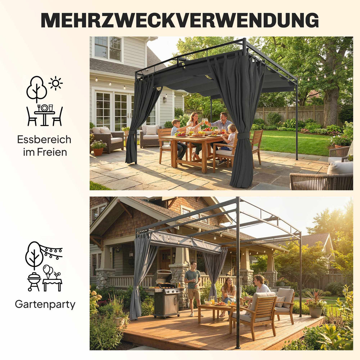 Freestanding Pergola 3x3m with Adjustable Canopy and Curtains