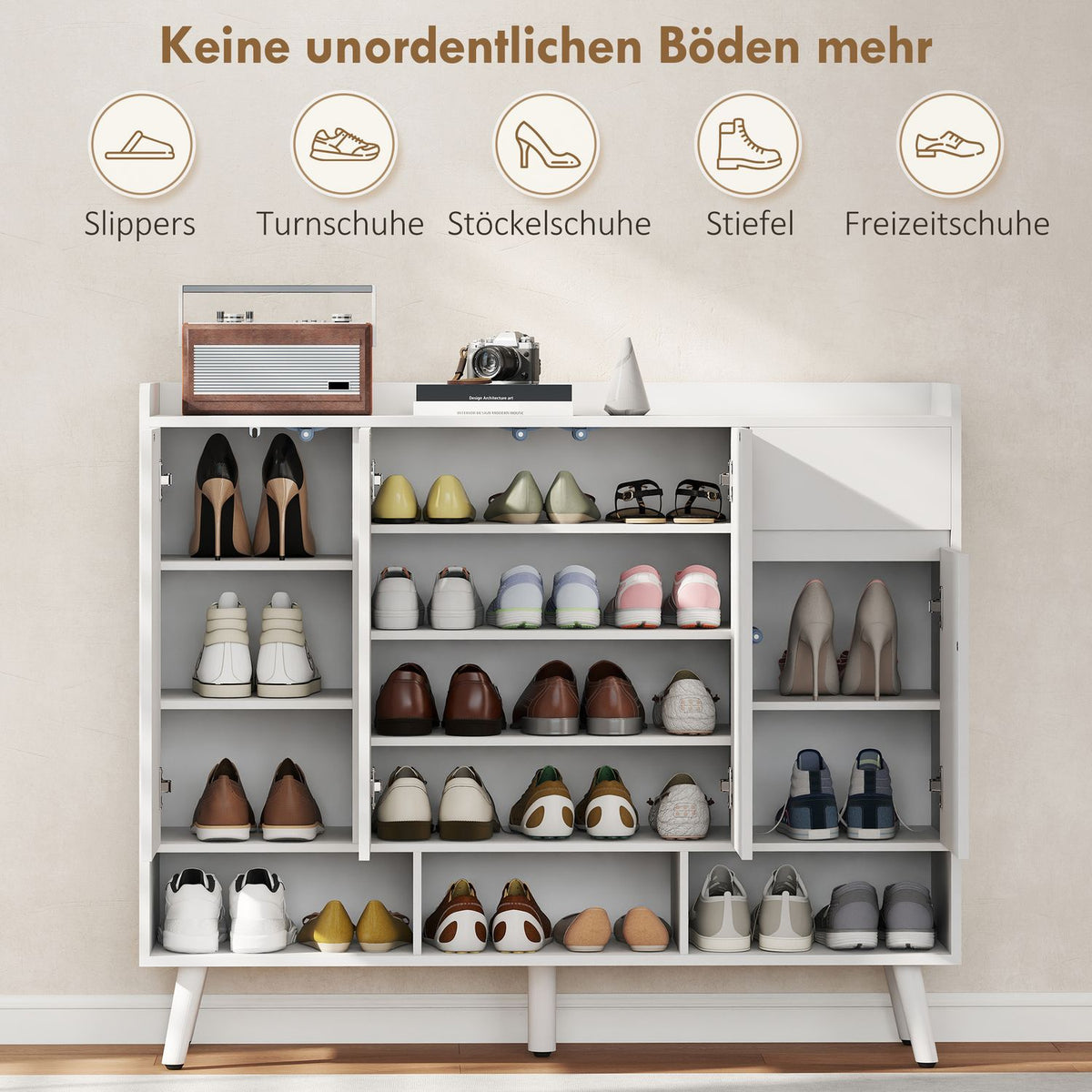 Freestanding Shoe Cabinet, Handleless, 4 Doors, Adjustable Shelves