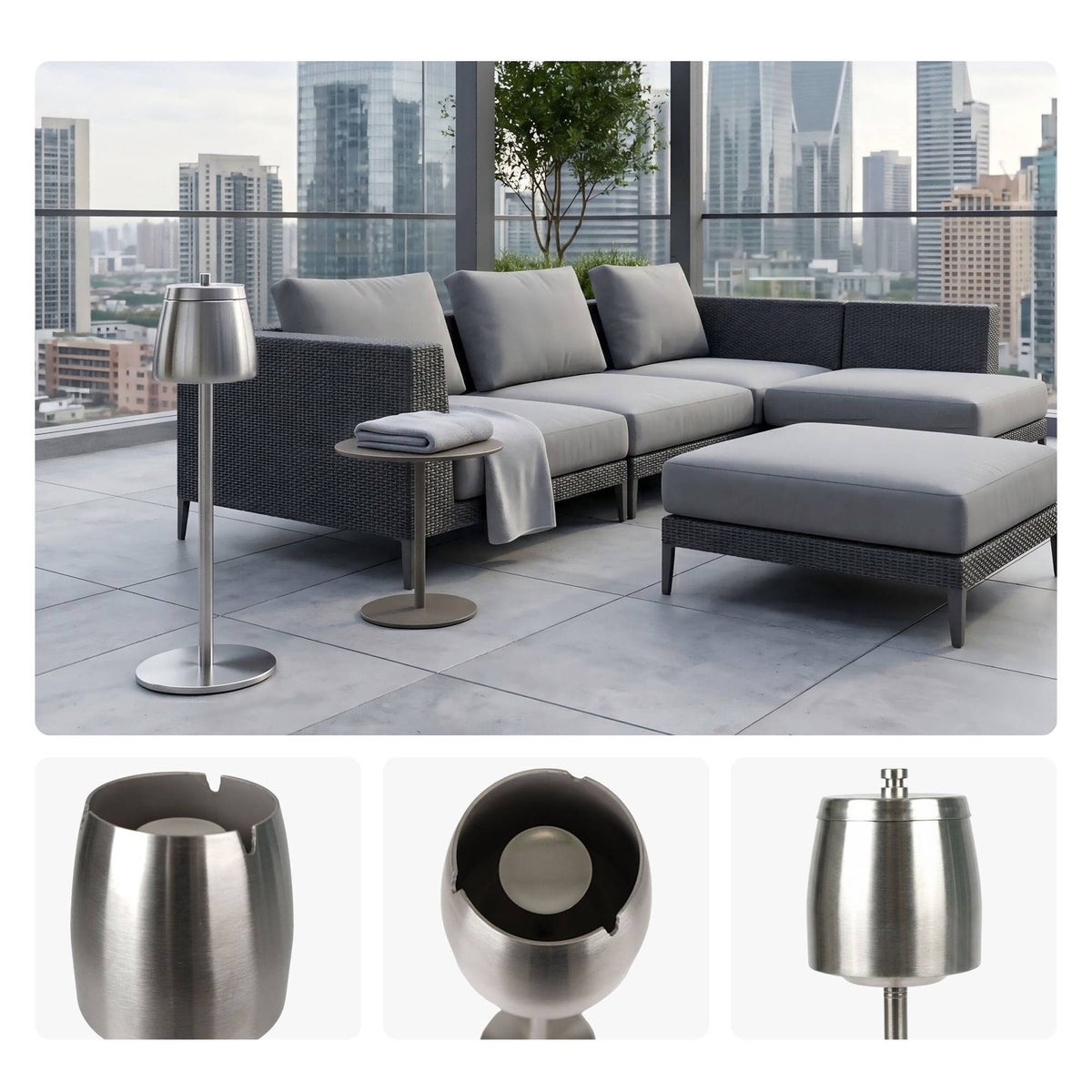 Freestanding Stainless Steel Ashtray, Adjustable Height