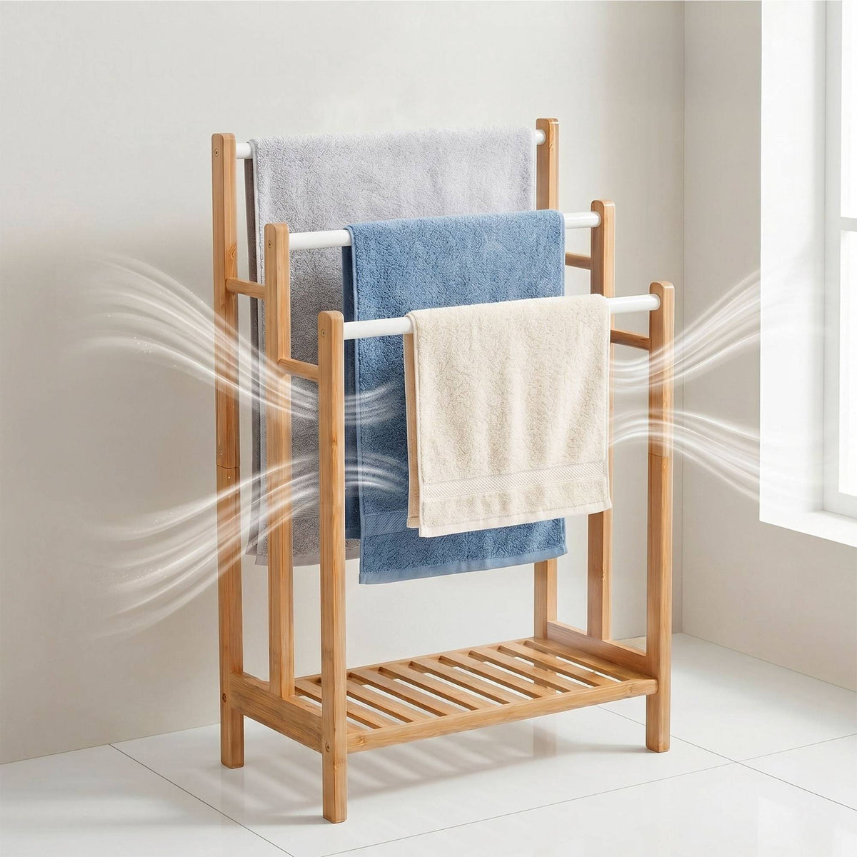 Freestanding Towel Rack, Bamboo And Steel, 3 Bars, Shelf